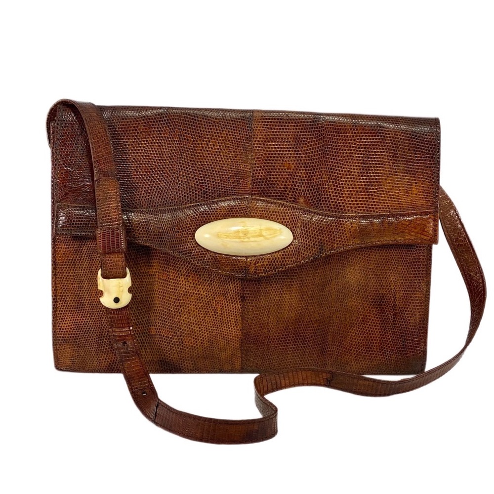 Brown Lizard-Embossed Leather Shoulder Bag with Gold Accent